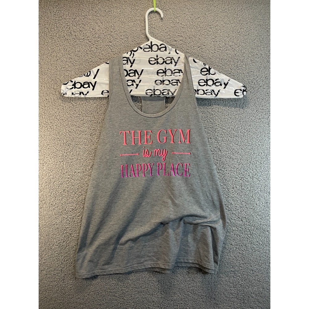 Danskin Now loose sizeXL THE GYM IS MY HAPPY PLACE Tank Top Gray Dri-More